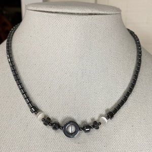 Hematite choker style statement necklace floating beads